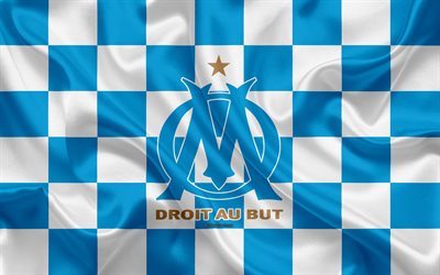 L&#39;Olympique de Marseille (OM, 4k, logo, creativo, arte, bianco, blu bandiera a scacchi, francese club di calcio, Ligue 1, emblema, seta, texture, Marceille, Francia, calcio