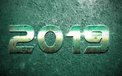 2019 year, 2019 creative design, green metal letters, green metal background, New Year, 2019 concepts, 2019 art, Christmas background