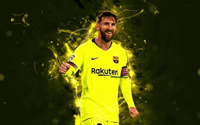 Messi, giallo uniforme, obiettivo, Barcellona FC, argentino, i calciatori, La Liga, Lionel Messi, il Bar&#231;a, il calcio, stelle del calcio, Leo Messi, luci al neon, LaLiga