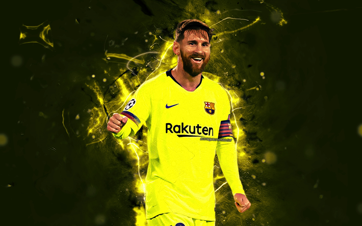 Messi, sarı &#252;niforma, gol, FC Barcelona, Arjantinli futbolcular, UEFA Şampiyonlar Ligi, Lionel Messi, Barca, futbol, futbol yıldızları, Leo Messi, neon ışıkları, LaLiga