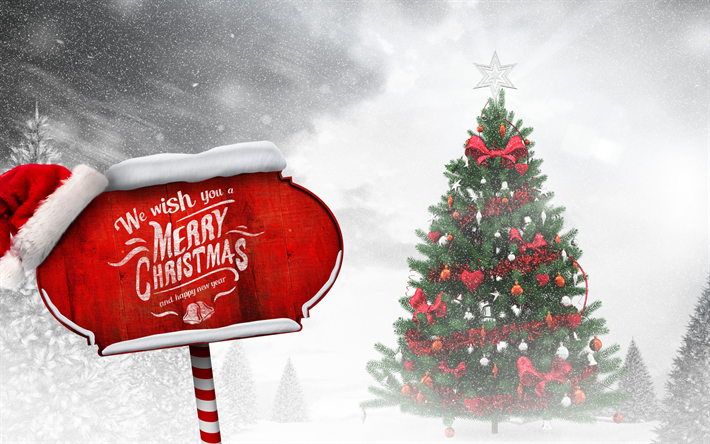 Feliz Navidad, tablero de madera, invierno, &#225;rbol de navidad, nieve, Feliz A&#241;o Nuevo, Navidad, decoraciones de navidad
