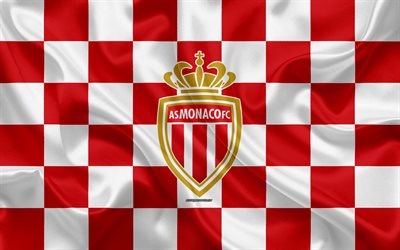 AS Monaco, 4k, logo, creative art, red and white checkered flag, French football club, Ligue 1, emblem, silk texture, Monaco, France, football, Monaco FC