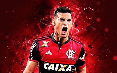 Miguel Trauco, joy, Flamengo FC, peruvian footballers, goal, soccer, Trauco, Brazilian Serie A, close-up, neon lights, Brazil