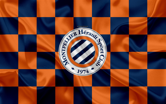 Montpellier HSC, 4k, logo, arte criativa, azul laranja bandeira quadriculada, Clube de futebol franc&#234;s, Liga 1, emblema, textura de seda, Montpellier, Fran&#231;a, futebol, Montpellier FC