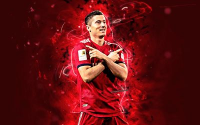 Robert Lewandowski, personal celebration, striker, Bayern Munich FC, goal, polish footballers, soccer, Lewandowski, forward, Bundesliga, Germany, neon lights