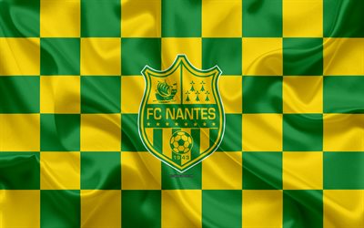 O FC Nantes, 4k, logo, arte criativa, verde amarelo bandeira quadriculada, Clube de futebol franc&#234;s, Liga 1, emblema, textura de seda, Nantes, Fran&#231;a, futebol