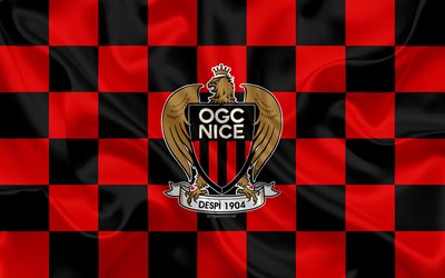 OGC Nice, 4k, logo, creative art, red black checkered flag, French football club, Ligue 1, emblem, silk texture, Nice, France, football, Nice FC
