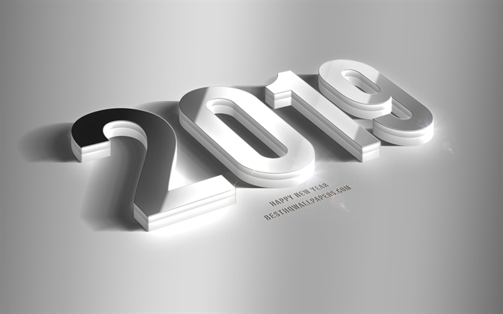 سنة 2019, أنيق 3d الحروف, 3d معدنية أرقام, 2019 التصميم الإبداعي, الفن, 2019 المفاهيم, السنة الجديدة, الأبيض خلفية أنيقة, 3d 2019 الفن