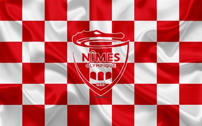 Nimes Olympique, 4k, logo, creative art, red and white checkered flag, French football club, Ligue 1, emblem, silk texture, Nimes, France, football, Nimes FC