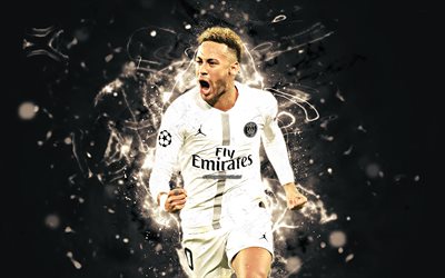 Neymar JR, white uniform, brazilian footballers, goal, PSG FC, Ligue 1, black uniform, football stars, Paris Saint-Germain, neon lights, Neymar, soccer
