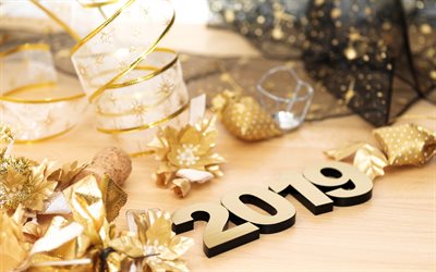 New Year, winter holiday, golden decoration, 2019 year, wooden golden letters, New 2019 Year, background