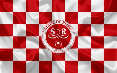Reims FC, Stade de Reims, 4k, logo, creative art, red and white checkered flag, French football club, Ligue 1, emblem, silk texture, Reims, France, football