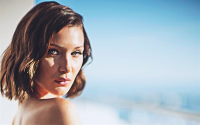 Bella Hadid, 2018, portr&#228;tt, bl&#229; himmel, 4k, photoshoot, amerikansk supermodeller, sk&#246;nhet, Hollywood