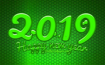 Happy New Year 2019, green digits, creative, 2019 concepts, hexagons background, abstract art, 2019 year, green background