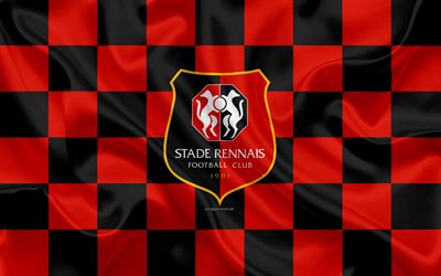 Stade Rennais FC, 4k, logo, creative art, red black checkered flag, French football club, Ligue 1, emblem, silk texture, Rennes, France, football