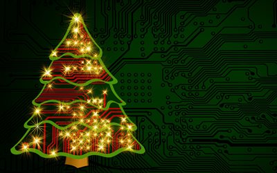 New Year, Christmas tree, green printed-circuit board, digital technology, creative art