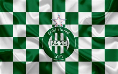 AS Saint-Etienne, ASSE, 4k, logo, creative art, green-white checkered flag, French football club, Ligue 1, emblem, silk texture, Saint-&#201;tienne, France, football