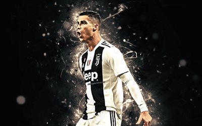 Ronaldo, celebrazione personale, CR7, la Juve, l&#39;obiettivo, i Bianconeri, portoghese calciatori, attaccante, Juventus FC, arte astratta, calcio, Serie A, Cristiano Ronaldo, luci al neon, di CR7