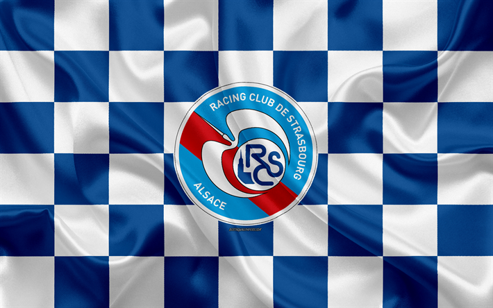 RC Strasburgo, Alsazia, Strasburgo FC, 4k, logo, creativo, arte, bianco e blu, bandiera a scacchi, francese club di calcio, Ligue 1, emblema, seta, texture, Strasburgo, Francia, calcio