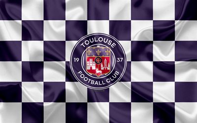 Toulouse FC, TFC, 4k, new logo, creative art, purple white checkered flag, French football club, Ligue 1, new emblem, silk texture, Toulouse, France, football