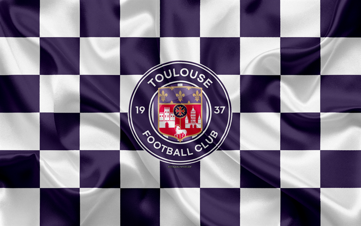 Il Toulouse FC, TFC, 4k, il nuovo logo, creativo, arte, viola, bianco, bandiera a scacchi, francese club di calcio, Ligue 1, il nuovo emblema, di seta, di texture, di Tolosa, in Francia, il calcio
