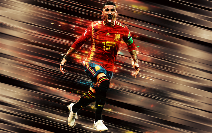Sergio Ramos, Nacional de espanha de time de futebol, 4k, O jogador de futebol espanhol, defensor, arte criativa, Espanha, futebol