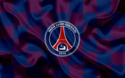 Paris Saint-Germain, PSG, 4k, logo, mestari, creative art, violetti sininen ruudullinen lippu, Ranskan football club, League 1, tunnus, silkki tekstuuri, Pariisi, Ranska, jalkapallo