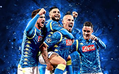 Lorenzo Insigne, Jose Callejon, Hamsik, la squadra celebrazione, i calciatori, il Napoli FC, calcio, Serie A, luci al neon, creative