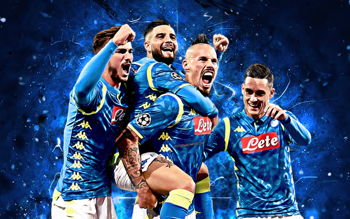 Lorenzo Insigne, Jose Callejon, Hamsik, la squadra celebrazione, i calciatori, il Napoli FC, calcio, Serie A, luci al neon, creative