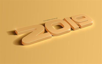 2019 year, golden 3d letters, golden background, 3d 2019 art, Happy New Year, stylish greeting card, 3d figures, 2019 concepts, 2019 New Year art, yellow 2019 art