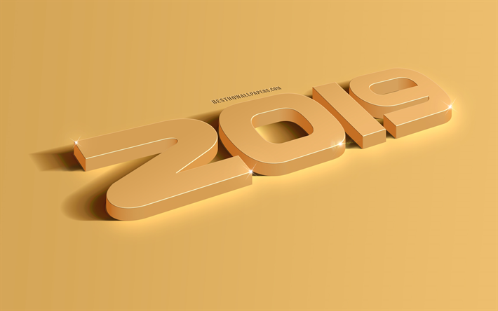 2019 ann&#233;e, golden 3d lettres, fond d&#39;or, 3d 2019 art, Happy New year, &#233;l&#233;gant carte de voeux, carte 3d chiffres, 2019 concepts, 2019 Nouvel An de l&#39;art, jaune 2019 art