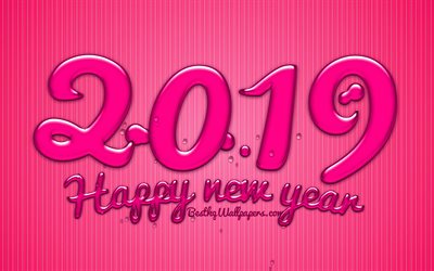 Happy New Year 2019, pink digits, linear background, 2019 concepts, 3D digits, 2019 year, creative