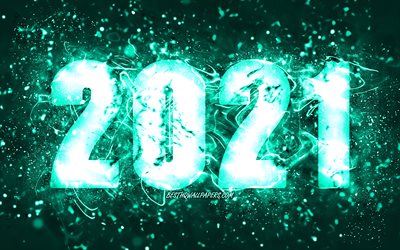 4k, Happy New Year 2021, turquoise neon lights, 2021 turquoise digits, 2021 concepts, 2021 on turquoise background, 2021 year digits, creative, 2021 golden digits, 2021 New Year