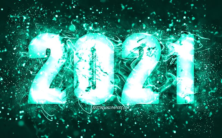 4k, Happy New Year 2021, luci al neon turchesi, 2021 cifre turchesi, 2021 concetti, 2021 su sfondo turchese, 2021 cifre dell&#39;anno, creativo, 2021 cifre d&#39;oro, 2021 Capodanno