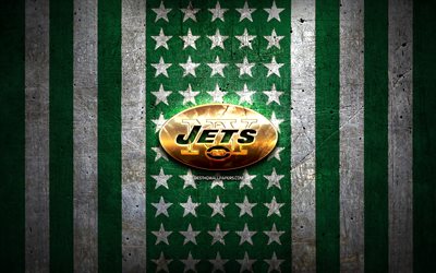 Bandeira do New York Jets, NFL, fundo de metal branco verde, time de futebol americano, logotipo do New York Jets, EUA, futebol americano, logotipo dourado, New York Jets, NY Jets