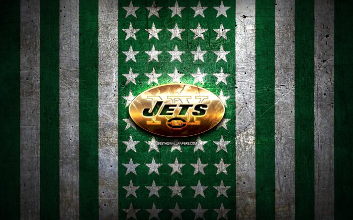 ニューヨークジェッツの旗, NFL, 緑の白い金属の背景, アメリカンフットボール, ニューヨークジェッツのロゴ, 米国, 黄金のロゴ, ニューヨークジェッツ, NY Jets