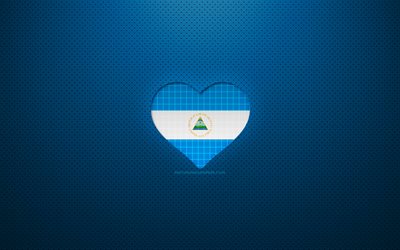 Nikaragua&#39;yı Seviyorum, 4k, Kuzey Amerika &#252;lkeleri, mavi noktalı arka plan, Nikaragua bayrağı kalp, Nikaragua, favori &#252;lkeler, Aşk Nikaragua, Nikaragua bayrağı
