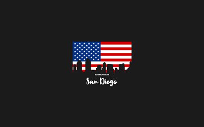 San Diego, amerikanska st&#228;der, San Diego silhuetthorisont, USA-flagga, San Diego stadsbild, Amerikansk flagga, USA, San Diego-silhuett