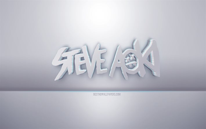 Steve Aoki logo blanc 3d, fond gris, logo Steve Aoki, art 3d cr&#233;atif, Steve Aoki, embl&#232;me 3d