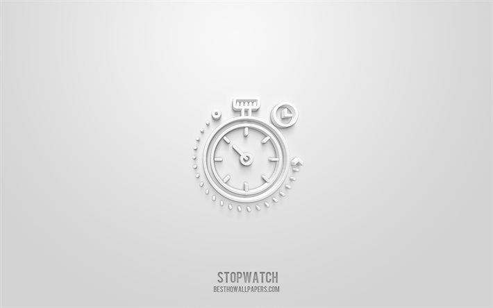 Stopwatch 3d icon, white background, 3d symbols, Stopwatch, Clock icons, 3d icons, Stopwatch sign, Time 3d icons