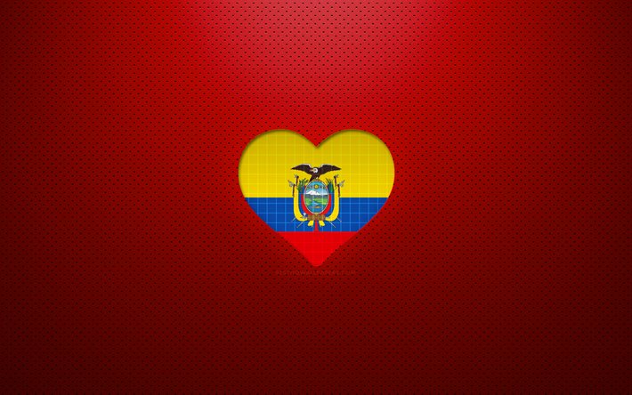 Amo l&#39;Ecuador, 4k, paesi sudamericani, sfondo rosso punteggiato, cuore bandiera ecuadoriana, Ecuador, paesi preferiti, amore Ecuador, bandiera ecuadoriana