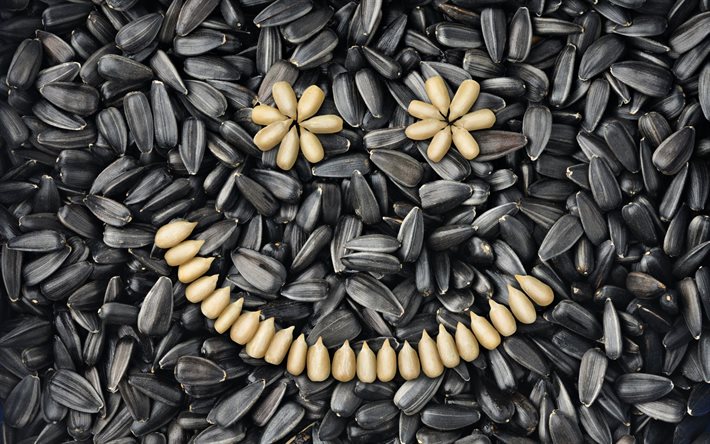 concepts de sourire, bonne humeur, sourire, texture de graines de tournesol, graines de tournesol noires