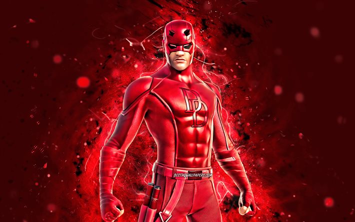 Daredevil, 4k, luci al neon rosse, giochi 2020, Fortnite Battle Royale, personaggi di Fortnite, skin Daredevil, Fortnite, Daredevil Fortnite