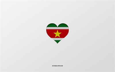J&#39;aime le Suriname, pays d&#39;Am&#233;rique du Sud, Suriname, fond gris, coeur de drapeau du Suriname, pays pr&#233;f&#233;r&#233;, amour Suriname