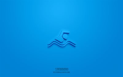schwimmen 3d symbol, blauer hintergrund, 3d symbole, schwimmen, sport symbole, schwimmen zeichen, sport 3d symbole
