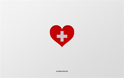 J&#39;aime la Suisse, les pays europ&#233;ens, la Suisse, fond gris, coeur de drapeau de la Suisse, pays pr&#233;f&#233;r&#233;, aime la Suisse