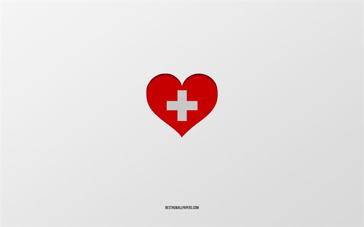 Amo Suiza, pa&#237;ses europeos, Suiza, fondo gris, coraz&#243;n de la bandera de Suiza, pa&#237;s favorito