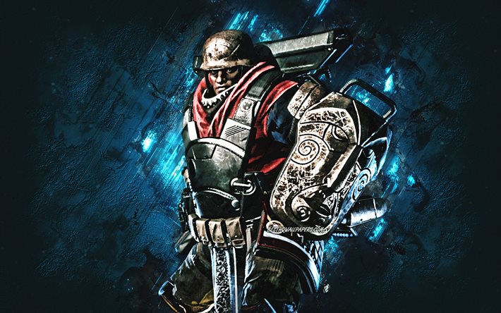 Gibraltar-Ride or Die, Apex Legends, blue stone background, portrait, Apex Legends characters, legends from Apex