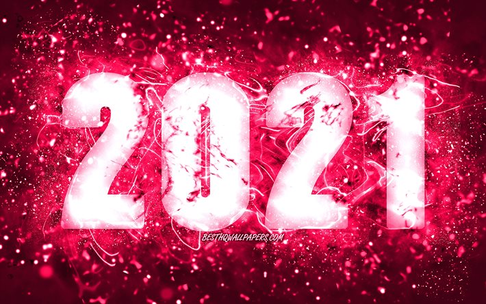4k, Feliz Ano Novo de 2021, luzes de n&#233;on rosa, 2021 d&#237;gitos rosa, 2021 conceitos, 2021 em fundo rosa, 2021 d&#237;gitos do ano, criativo, 2021 d&#237;gitos dourados, 2021 Ano Novo