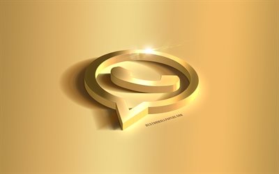 Logotipo de WhatsApp 3d gold, emblema de WhatsApp, logotipo de WhatsApp, fondo dorado, WhatsApp, redes sociales, arte 3d